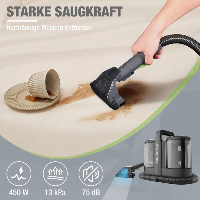 WORKPRO Мийний пилосос 450W 13kPa, 1.6L з миючим засобом та 2 насадками, для чищення килимів, меблів та авто