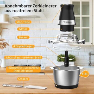 Електричний подрібнювач для кухні з нержавіючою сталею 1.2L, 400W, 4 леза