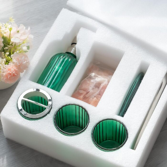 Umimile Bathroom Accessories Set, 6-Piece, Green Glass, Complete Toothbrush Holder, Cup, Lotion Dispenser, Soap Dish, Vanity Tray, Aromatherapy Cup for Apartment, Bathroom Decor