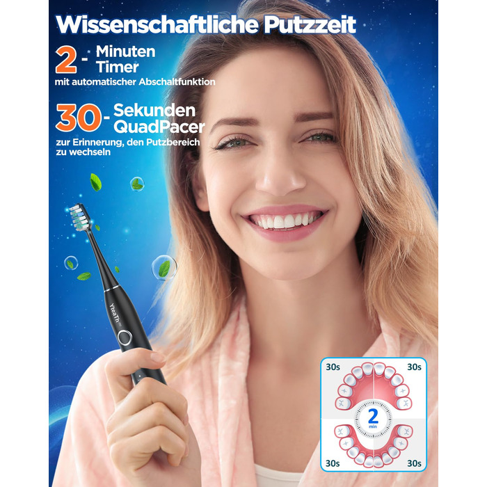 Електрична зубна щітка зі звуковими вібраціями, 8 насадок (3 типи), таймер, 120 днів роботи від акумулятора, 5 режимів чищення, чорний колір, для дорослих, з зарядною станцією