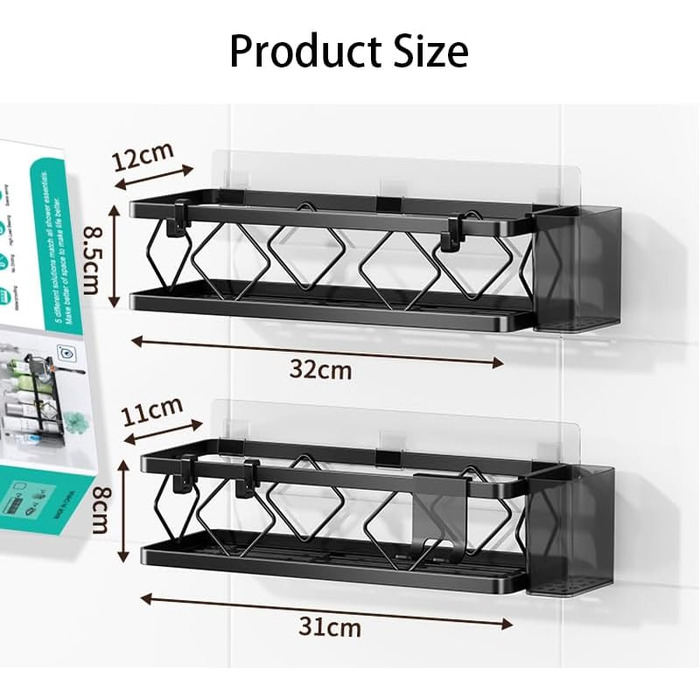 Полиця для душу без свердління, чорна, 2 шт. - полиці для душу з нержавіючої сталі, 5 гачків та 2 тримачі для зубних щіток, самоклеюча органайзер для ванної кімнати, кухні, вантажопідйомність 16 кг