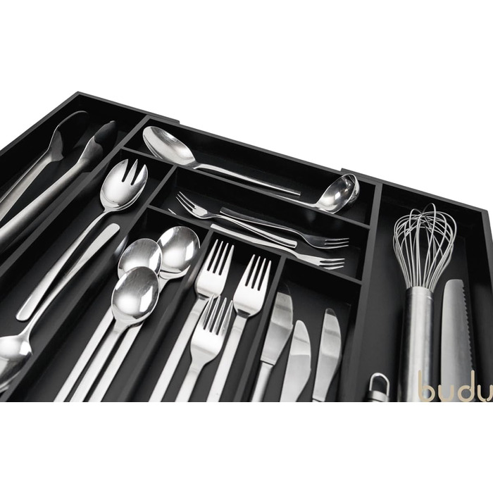 Органайзер для кухонних ящиків Besteckkasten #47 (глибина 47 см) з бамбука, чорний - висувний, система організації для столових приборів