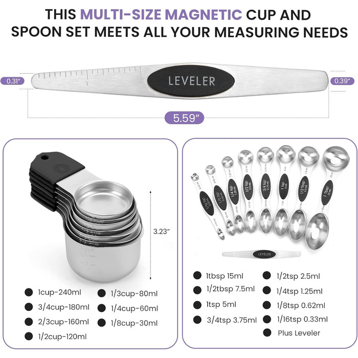 Magnetic Measuring Cup and Spoon Set, Durable 304 Stainless Steel, Double Measuring Markings, 16-Piece Set with Leveler for Measuring Dry and Liquid Ingredients (Color)