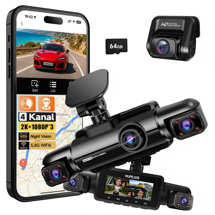 Автомобільний відеореєстратор HUPEJOS 4K+1080P, 4-канальний огляд 360°, з голосовим керуванням та GPS, V60