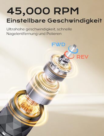Професійний набір для фрезерування нігтів Nagelfräser: 45000 обертів, акумулятор 10H, LCD-дисплей, регулювання напрямку обертання, чорний