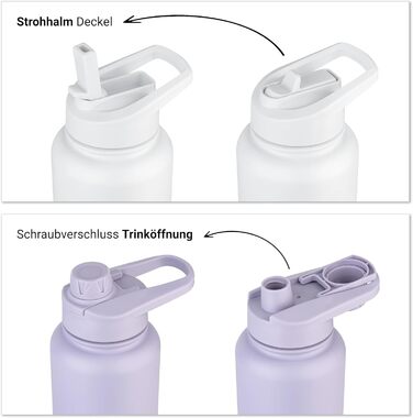 Stainless steel water bottle, purple, 1L - Straw, drinking spout - leak-proof, carbonated beverage compatible, BPA-free - Thermos bottle, sports, outdoor, school, university, bicycle, hiking, gym