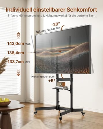 Підставка для телевізора ECOTINY Robuster: 55-100 дюймів, до 75 кг, з полицею та фіксуючими колесами, чорна