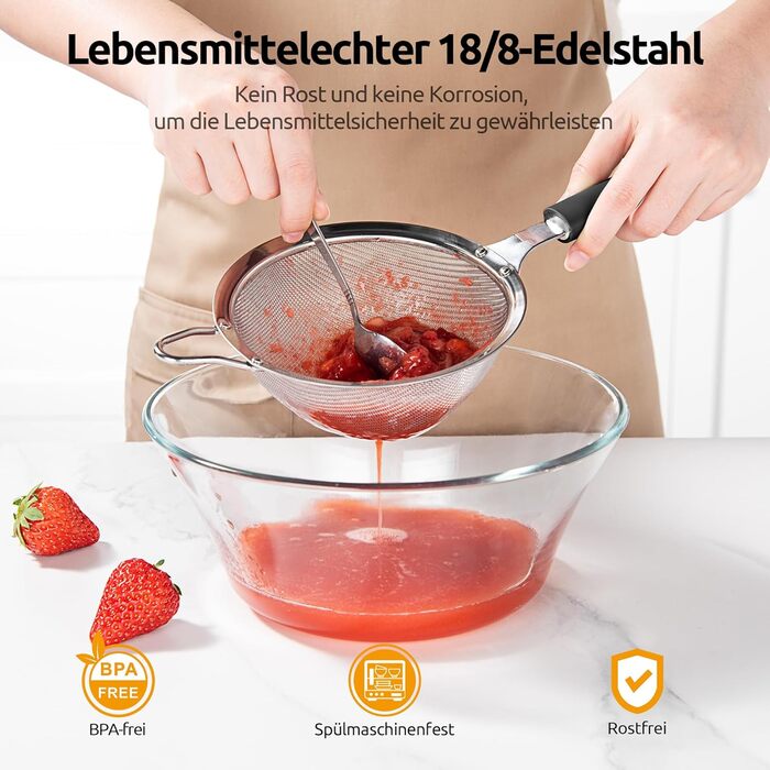 U-Taste Fine Mesh Sieve: Kitchen sieve made of 18/8 stainless steel, medium-sized metal sieve with a riveted, stable silicone handle for sifting flour, draining tea, rice, quinoa (Black, 12 cm)