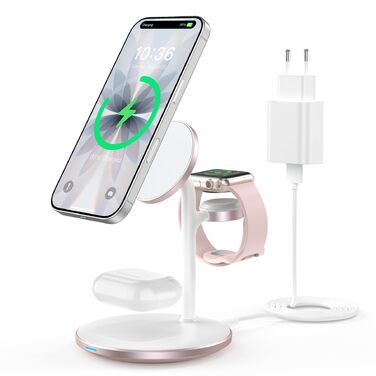 База для бездротової зарядки 3-в-1: iPhone, iWatch, AirPods. 15W, MagSafe, рожеве золото