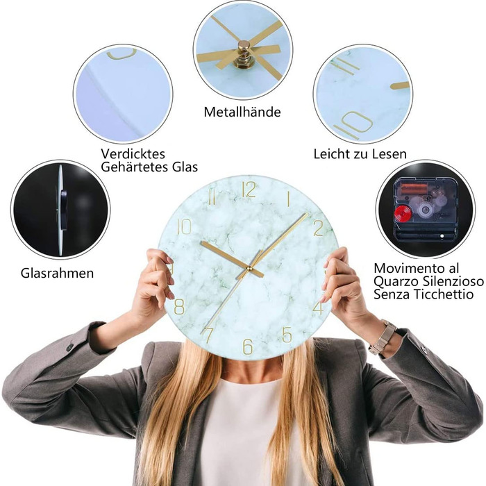 VIKMARI Glass Wall Clock Silent-Non Ticking Wall Clocks - Quality Quartz, Battery-Operated Round 12 Inch (Bracelet Style)