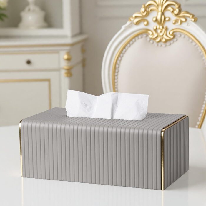 Стильна тканинна коробка для серветок з PU шкіри (світло-сіра в смужку)