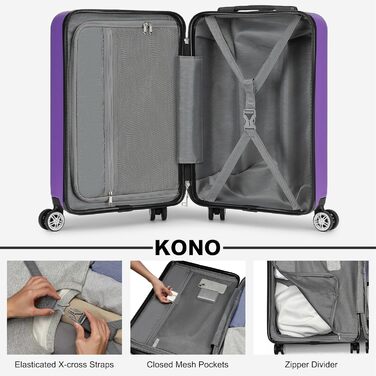 Чемодан-валіза KONO з розширенням, жорсткий, легкий, XL, з TSA-замком та 4 колесами, 75x47.5x29.5 см (M(55x35x22 см), фіолетовий)