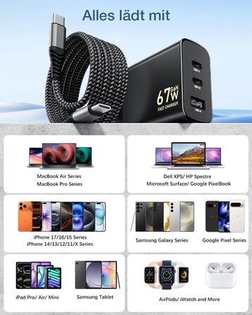 Зарядний пристрій USB-C 67W 3-Port PD PPS для MacBook, iPhone, Samsung Galaxy, iPad, Pixel - Чорний