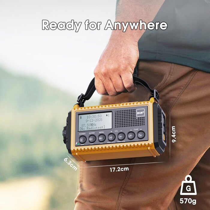 Портативне радіо DAB/DAB+/UKW з сонячною батареєю та акумулятором 5000mAh. Радіо для кемпінгу, надзвичайних ситуацій, з LED ліхтариком та функцією зарядки телефону USB.