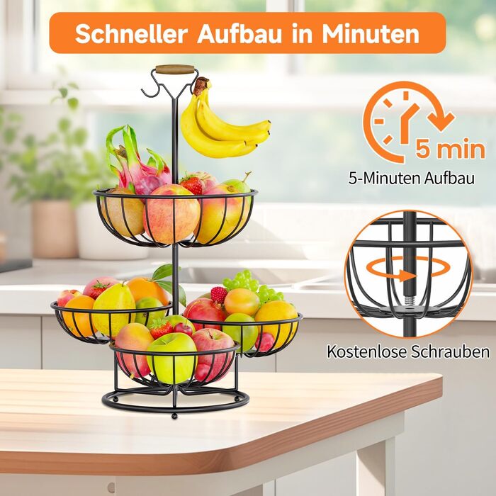 Багатоярусна фруктова корзина PouHenier.jh 5 ярусів, чорна, для фруктів та овочів з підставкою для бананів