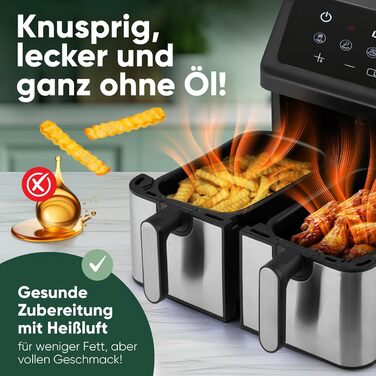 Фритюрниця ProfiCook з 2 камерами | Airfryer | 9 літрів | Фритюрниця з функцією одночасної готовності | Без олії | Антипригарне покриття | PC FR 1296 H з нержавіючої сталі