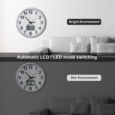 KWANWA Modern Wall Clock with No Ticking Sound • Digital LCD/LED Display • Calendar & Temperature • Battery Powered • 30.5cm • 12h Format, Perfect for Kitchen, Bedroom & Office (Silver-White LED)