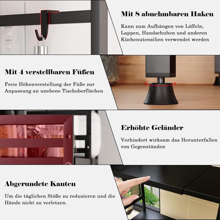 Expandable Microwave Shelf with 8 Hooks, 3-Tier Microwave Stand Freestanding Shelf Microwave Holder Baker's Rack Organizer for Kitchen Countertops, Black