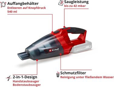 Акумуляторний пилосос ручний Einhell TE-HV 18/06 Li-Solo Power X-Change (18V, 72 мбар, насадки в комплекті, 0.6л, без акумулятора)