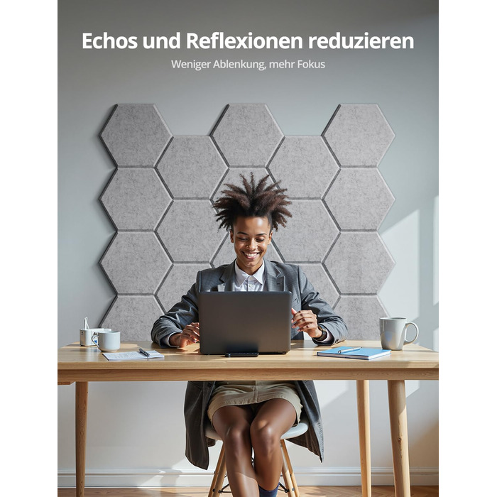 Акустичні гексагональні панелі самоклеючі, 12 шт, звукопоглинаючі шестикутні плити для студії, вітальні, геймерської зони та офісу, сірі (30 x 26 x 0,9 см)