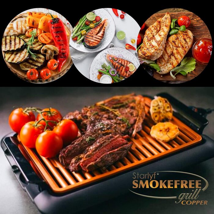 Електричний гриль Starlyf Smokefree 1250 Вт, термостат, знімна чаша, антипригарний, для дому, мідний, миється в посудомийці