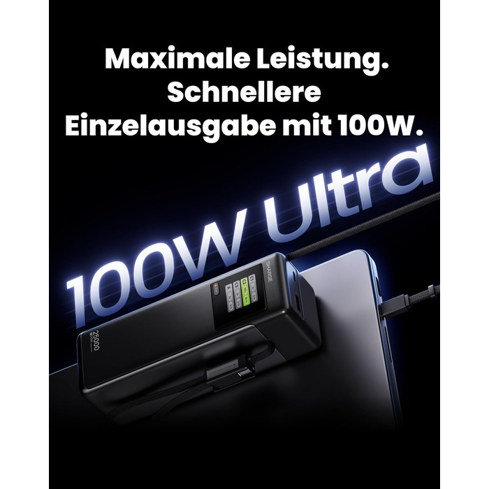 Потужний павербанк SHARGE HyperTower 170W 25000mAh з TFT-дисплеєм, 4 портами (3x USB-C, 1x USB-A) та вбудованими кабелями для MacBook Pro та ноутбуків, білий