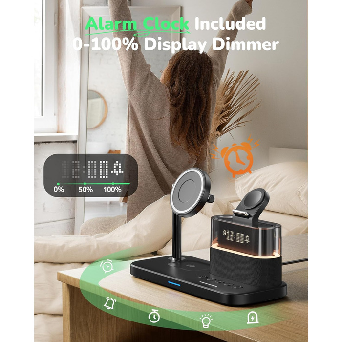 Багатофункціональний бездротовий зарядний пристрій 5 в 1 з годинником для Apple iPhone, Apple Watch, AirPods. Білий/Коричневий