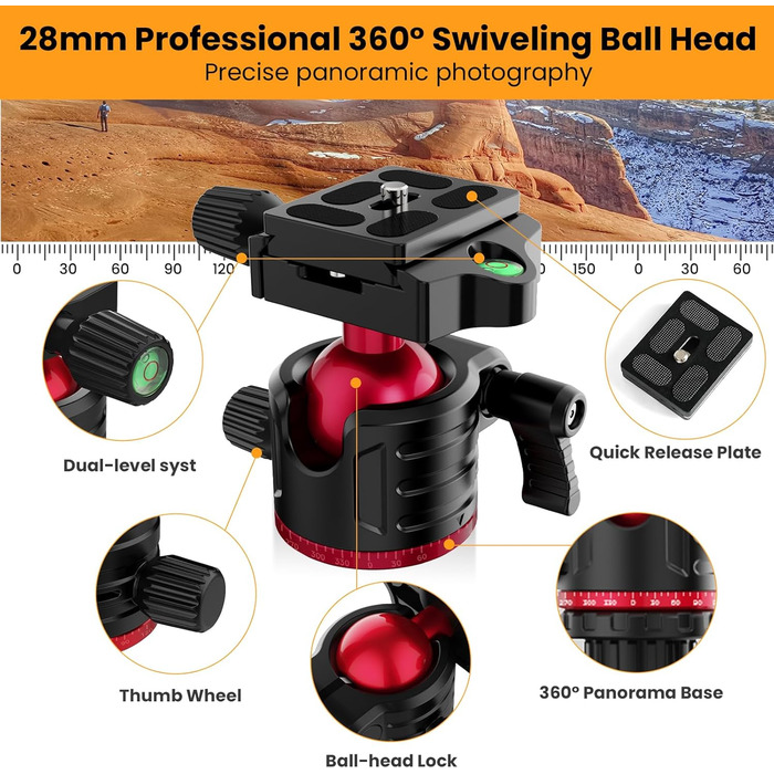 Штатив MACTREM 187 см (74 дюйми) з кульковою головкою 360° - штатив для камери, смартфона, iPad, Canon, Nikon, Sony, телескопа, лазерного рівня