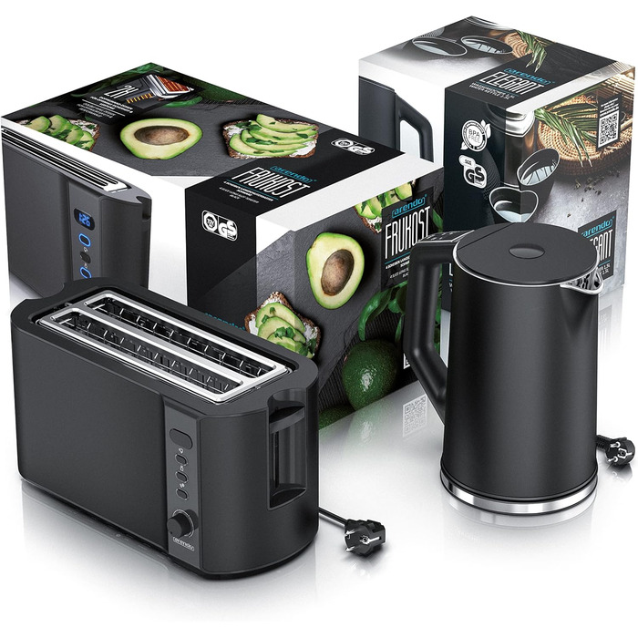 Набір чайник та тостер Arendo Edelstahl Schwarz, 1.5л, 40-100°C, підігрів, 4 тости, LED, 6 рівнів підсмажування, для бургерів