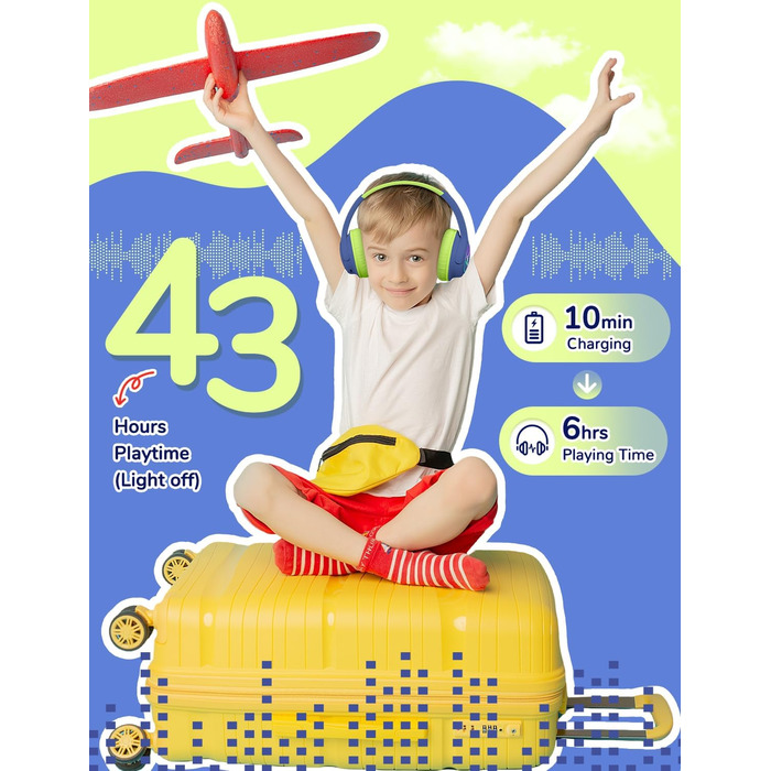 iClever Бездротові навушники для дітей з LED-підсвіткою, обмеження гучності 74/85 дБ, 43 години роботи, стерео звук, Type-C, AUX-кабель, Bluetooth 5.3, для планшетів/подорожей (зелено-блакитний)