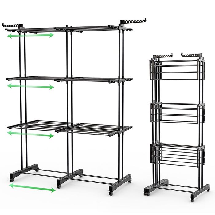 VOUNOT® Сушарка для білизни Турм Розкладна, для дому та вулиці, з розкладними крилами, телескопічною штангою, 6 колесами, 40м довжини сушіння, 3 яруси, білий (чорний) колір