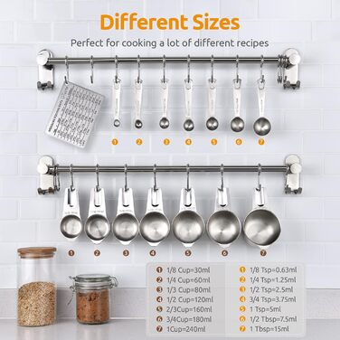 U-Taste Measuring Cups and Spoons with Scale, 15 Piece Set Made of 18/8 Stainless Steel: 7 Cup Beakers & 7 tsp/tbsp Measuring Spoons with 2 D-Rings and 1 Professional Magnetic Conversion Chart (Silver)