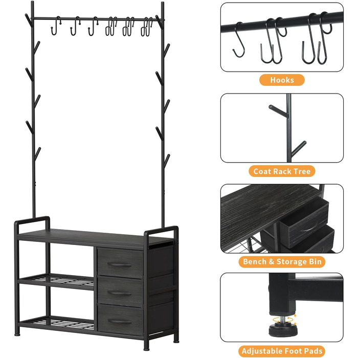 Вішалка для одягу з лавкою Leader Accessories, метал, чорний/чорне дерево, 176x30x84 см