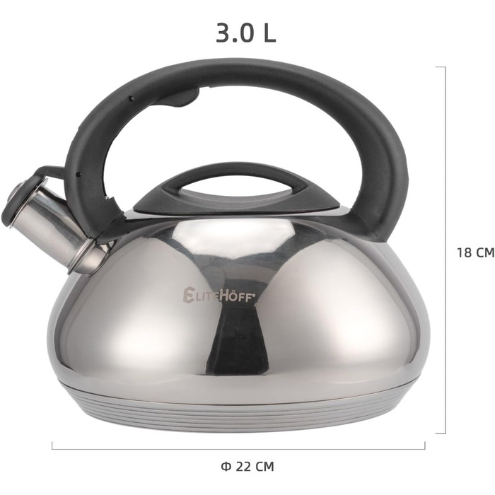 Електричний чайник EliteHoff з індукційним нагріванням, 3л, нержавіюча сталь, з автоматичним свистком, срібний, для всіх типів плит (E-5113)