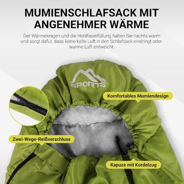 Спальний мішок MSports Premium Outdoor з ременем для перенесення - вибір на весну/літо (200 GSM) або осінь/зима (300 GSM) для кемпінгу, подорожей, фестивалів - теплий мумієподібний спальник оливкового кольору 300 GSM - для осені/зими