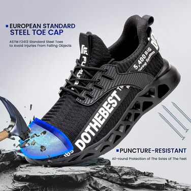 Черевики робочі Furuian для чоловіків та жінок, легкі, спортивні, дихаючі, зі сталевим підноском, антиковзкі, фітнес-кросівки, чорні, 38.5 EU