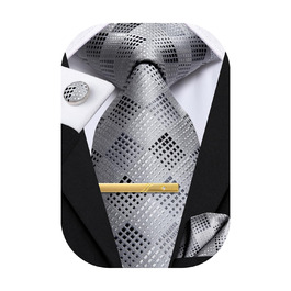 Набір краватки, кишенькового хустинки та запонок Hi-Tie, золотий, формальний шовк, для весілля та свят (сірий у керобку)