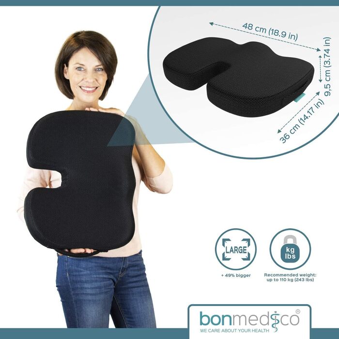Ортопедична подушка для сидіння Bonmedico з Memory Foam Gel - для автомобіля, офісу, крісла колісного - чорна сітка, велика