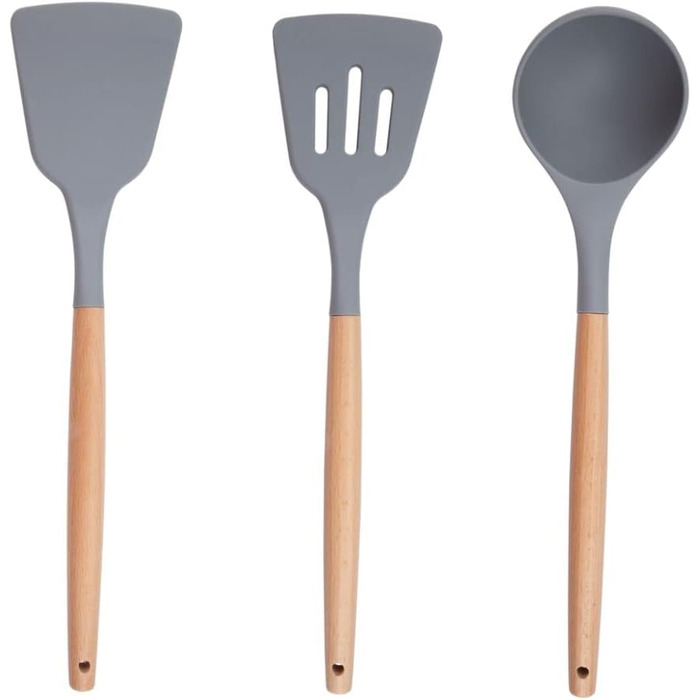 Набір кухонних аксесуарів Alpina 7 предметів з поворотним підставкою – кухонні інструменти, силіконовий набір посуду для кухні (сірий)