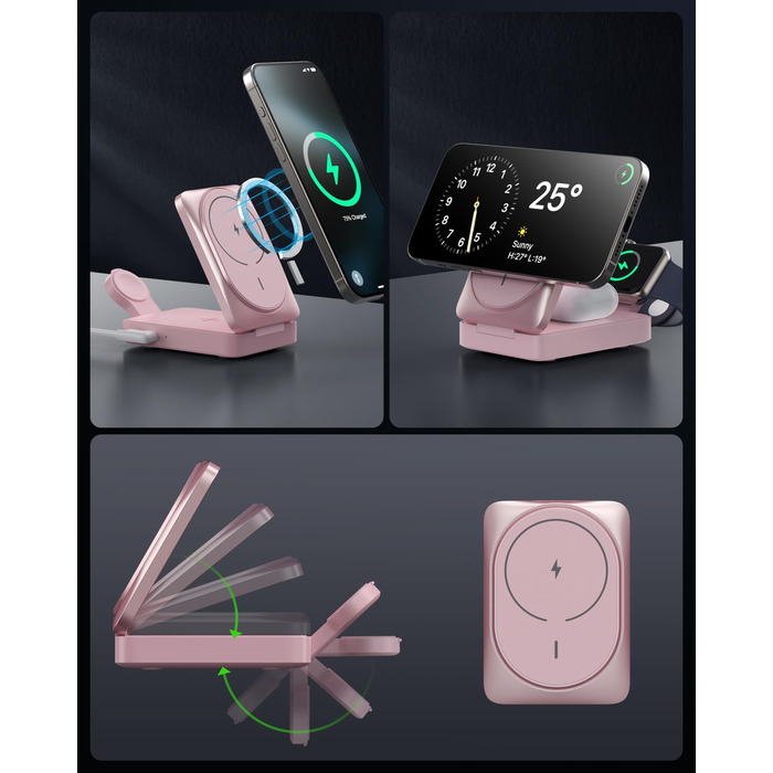 3-в-1 Бездротовий зарядний пристрій, індукційна станція Qi2, MagSafe, для iPhone 16/15/14/13/12, Apple Watch, AirPods, білий (рожевий)