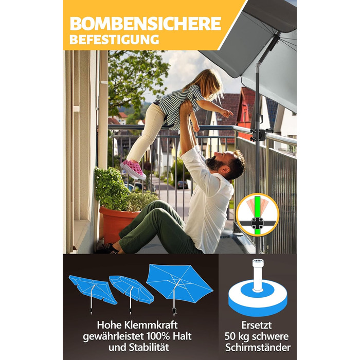 Menz Balcony Railing Umbrella Holder - Bomb-Proof Umbrella Holder for Balcony Railing as a Compact Balcony Umbrella Stand, Absolutely Universal Balcony Umbrella Holder in Black