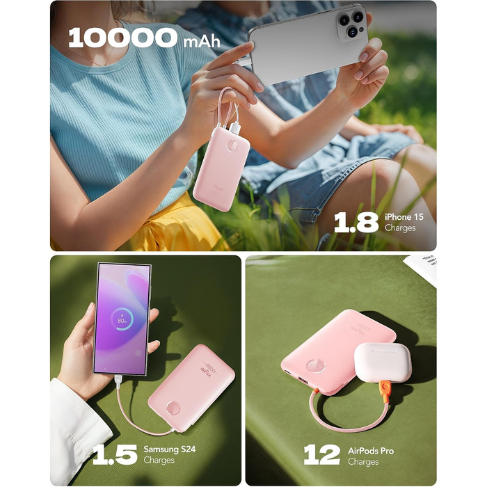 Повербанк VIYISI 10000mAh ультратонкий із вбудованим кабелем USB-C, рожевий