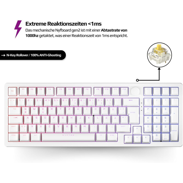 Ігрова клавіатура Nyfter NYFBOARD GEN2 (98%, White) з Gateron Yellow, Hot-Swappable, RGB, ISO DE Layout