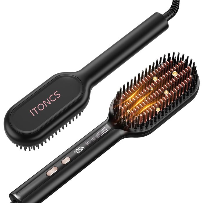 Іонізаційна щітка-випрямляч для волосся iToncs 2-в-1 з захистом від опіків та функцією пам'яті, LCD-дисплей, 5 температурних режимів (120°C-230°C), чорна