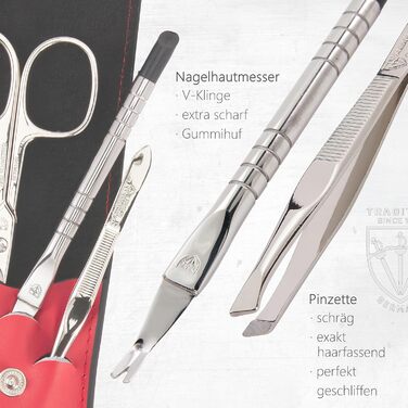 Набір для манікюру та педикюру 'Modena' від DREI SCHWERTER | 4-х частинний набір у шкіряному футлярі, виготовлений у Німеччині. Колір: Червоний. Вміст: ножиці для нігтів, пінцет, алмазна пилка для нігтів та лопатка для видалення кутикули