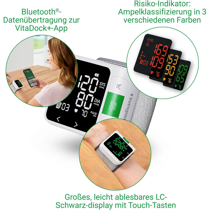 Тонометр на зап'ястя Medisana BW 360 connect з Bluetooth, пульсометром, світлодіодною шкалою та пам'яттю, з коробкою для зберігання