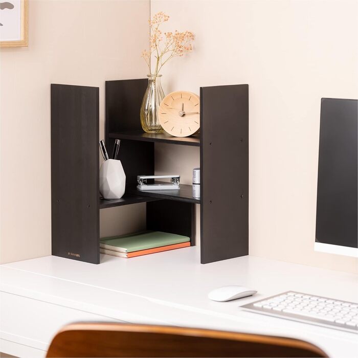 Navaris Acacia Desk Organizer 64x15.5x40 - Desk Shelf Organization System Adjustable - Corner Shelf for Kitchen Office Bathroom Shelf Attachment - Natural (Black)