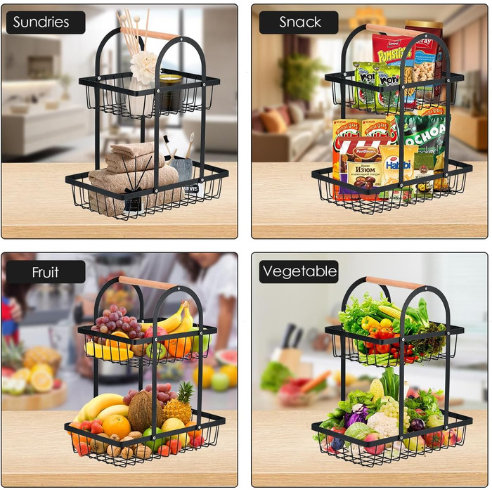 Двоярусна фруктова корзина DODUOS, етажерка для фруктів та овочів, чорна металева фруктова тарілка з ручкою, для дому, кухні, офісу