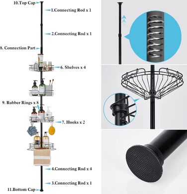 DUFU Поличка для душу та ванни кутова металева з 4 кошиками, регульована висота 73-265 см, чорна
