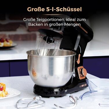 Tower 1000W 3-in-1 Stand Mixer with 6 Speed Settings & Pulse - Rose Gold